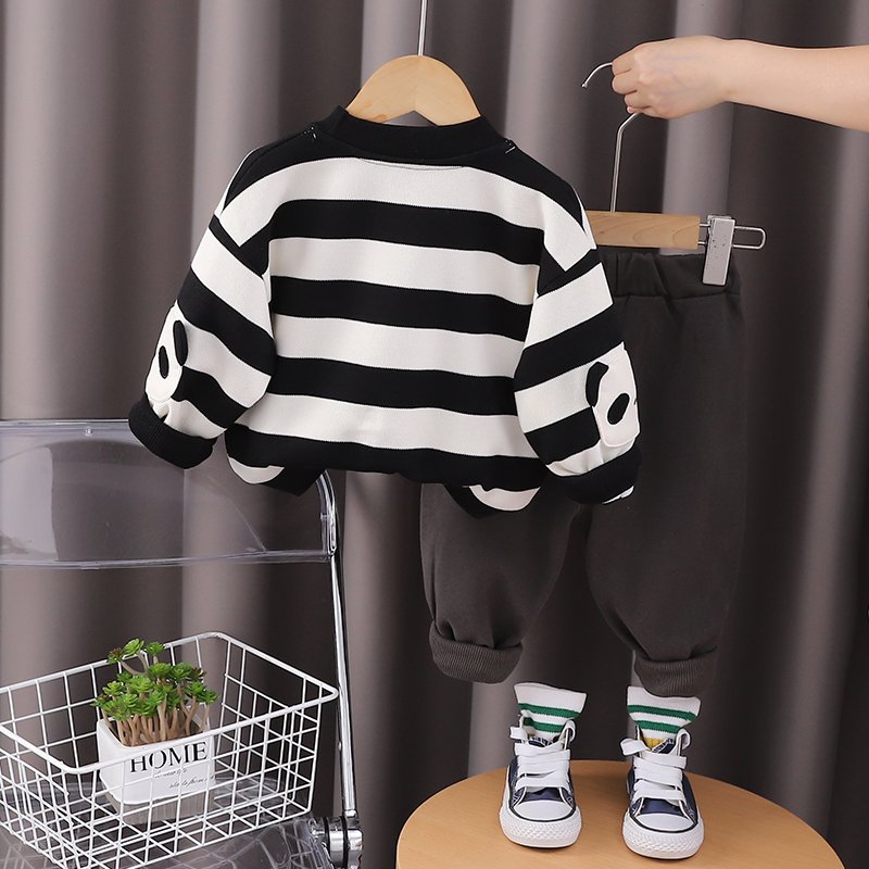 2024 Autumn/Winter Boys' Clothing Set Children's Long Sleeve Top Warm Two-Piece Hoodie Outdoor Kids Cartoon Striped Print 3D
