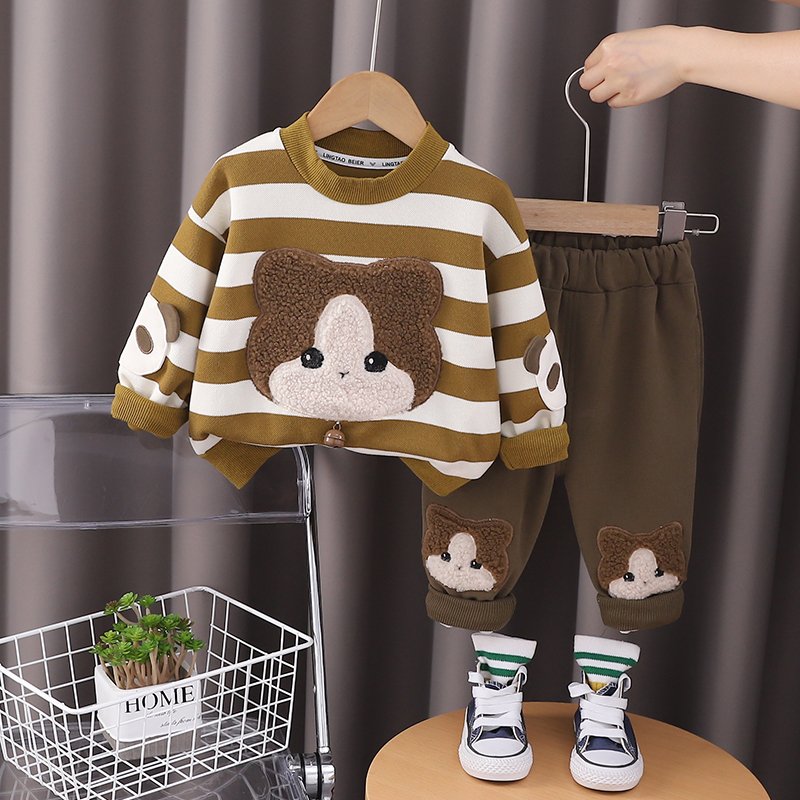 2024 Autumn/Winter Boys' Clothing Set Children's Long Sleeve Top Warm Two-Piece Hoodie Outdoor Kids Cartoon Striped Print 3D