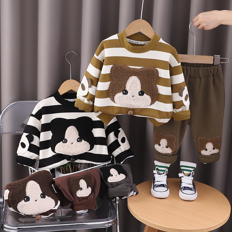2024 Autumn/Winter Boys' Clothing Set Children's Long Sleeve Top Warm Two-Piece Hoodie Outdoor Kids Cartoon Striped Print 3D