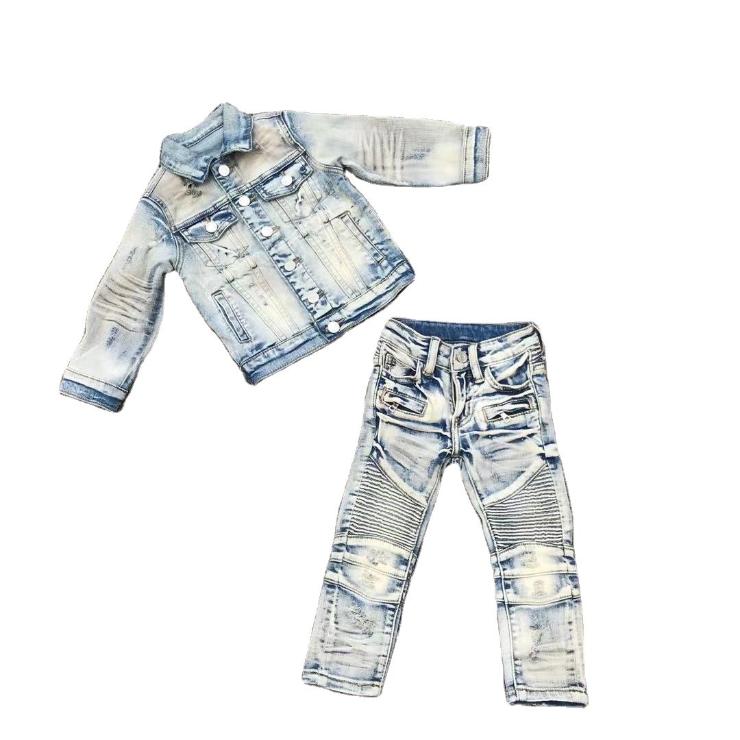 Set New Boys' Denim Coat Pants 2 Piece Set Fashionable Baby Casual Sportswear Spring and Autumn Children's Clothing