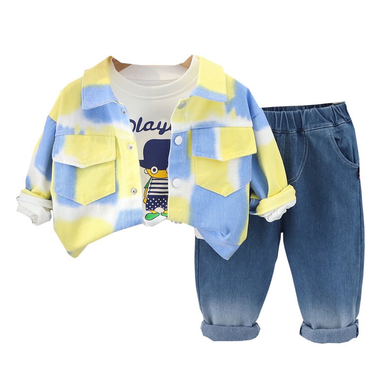 Boy cowboy tie dye coat shirt jeans three pieces set spring fashion kids boy clothing sets