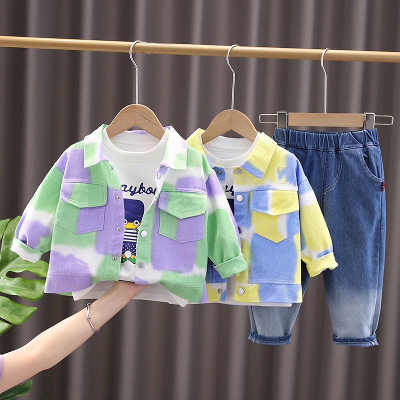 Boy cowboy tie dye coat shirt jeans three pieces set spring fashion kids boy clothing sets