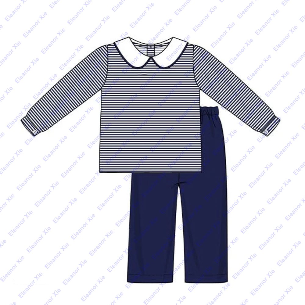 Siblings matching navy striped knit cotton child boys clothing sets fall collared little toddler boy pants sets wholesale