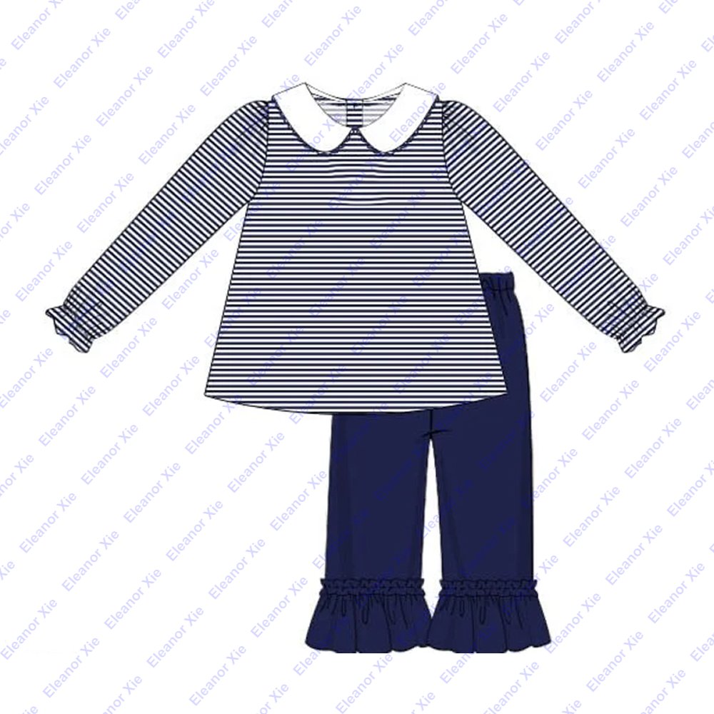 Siblings matching navy striped knit cotton child boys clothing sets fall collared little toddler boy pants sets wholesale