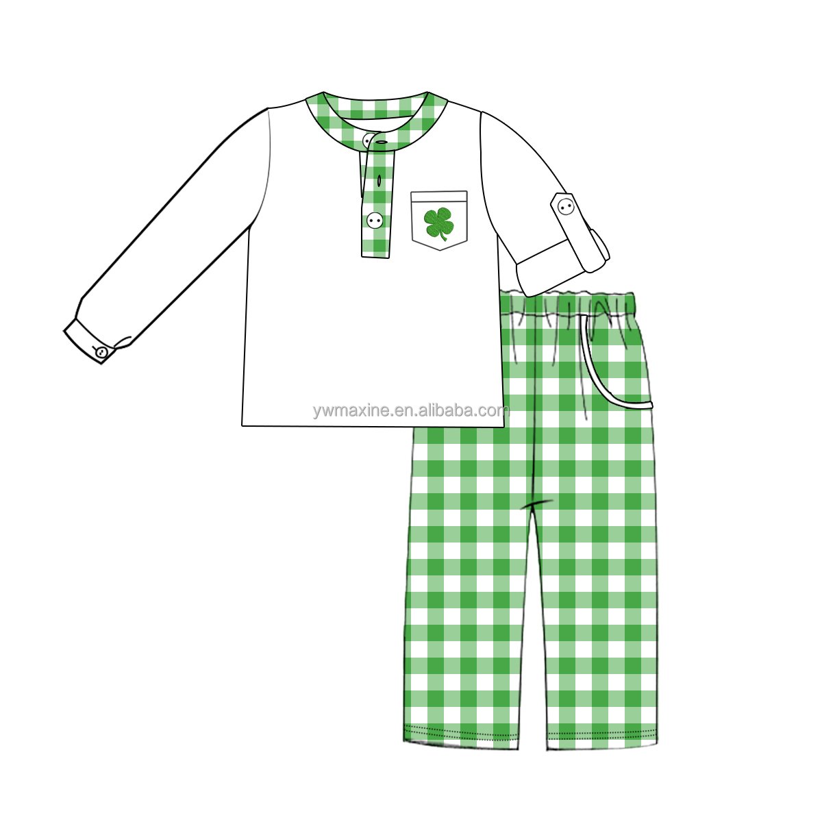 2023 boutique four-leaf clover applique St. Patrick's Day children outfits green gingham pants summer boy's clothing