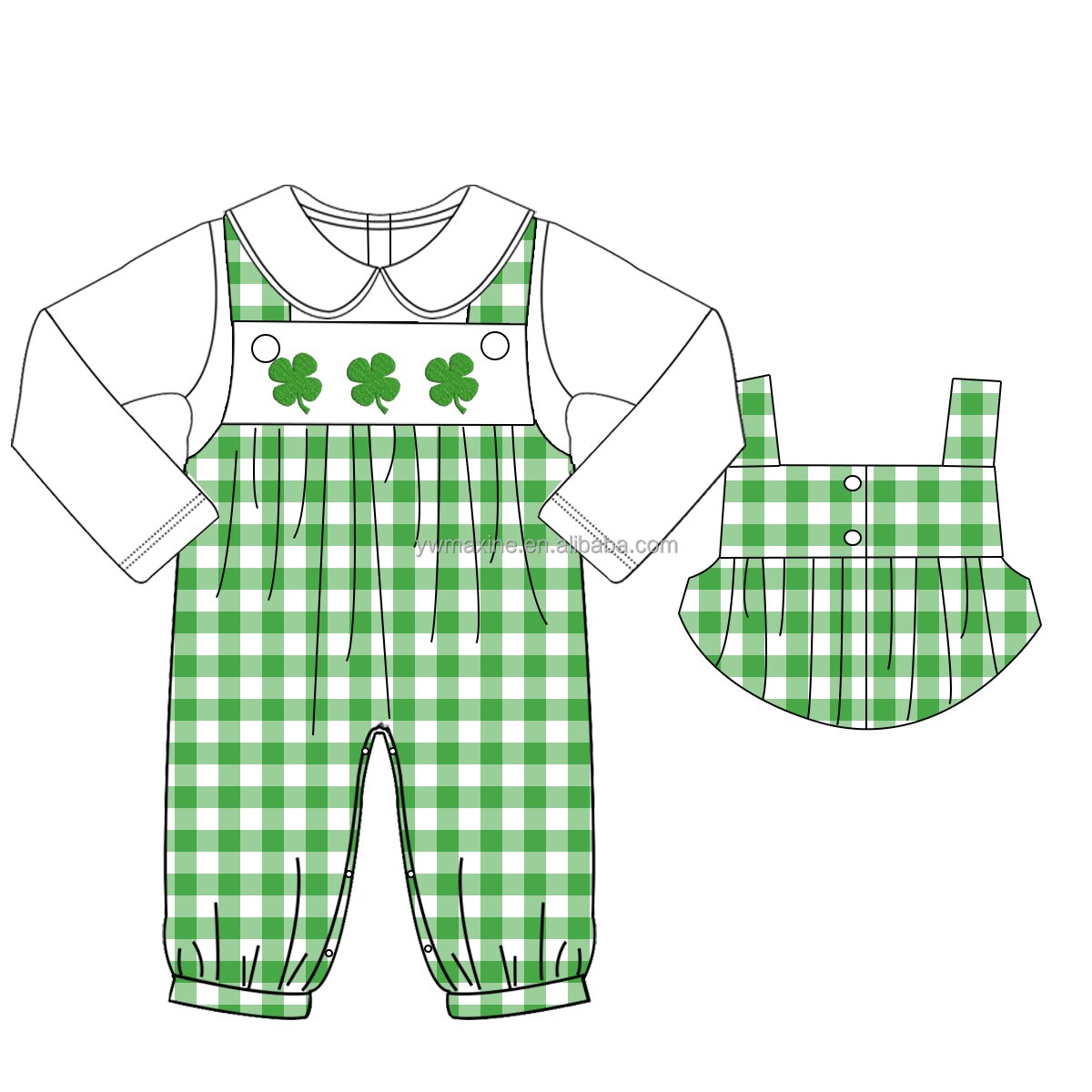 2023 boutique four-leaf clover applique St. Patrick's Day children outfits green gingham pants summer boy's clothing