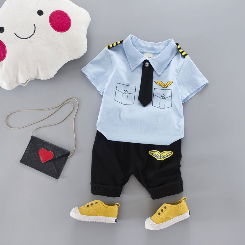 Turndown collar Short Sleeve Two Pieces clothes sets summer cotton toddler boys clothing sets