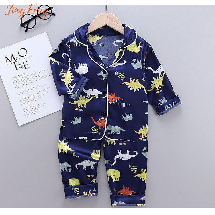 Fashion solid print long sleeve silk satin sleepwear children's boys girls cartoon kids pajamas wholesale
