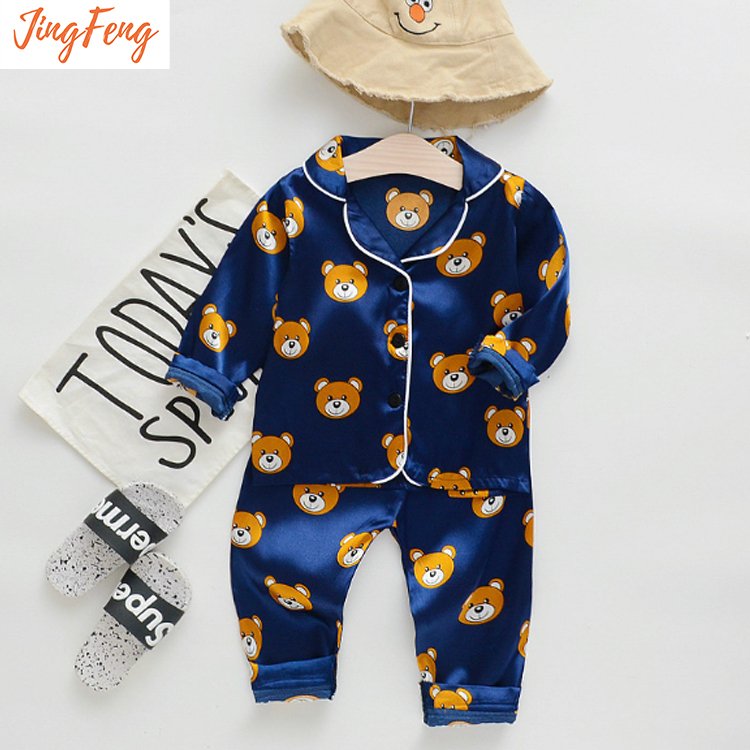Fashion solid print long sleeve silk satin sleepwear children's boys girls cartoon kids pajamas wholesale