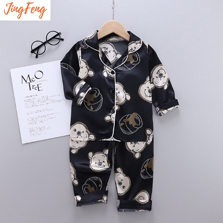 Fashion solid print long sleeve silk satin sleepwear children's boys girls cartoon kids pajamas wholesale