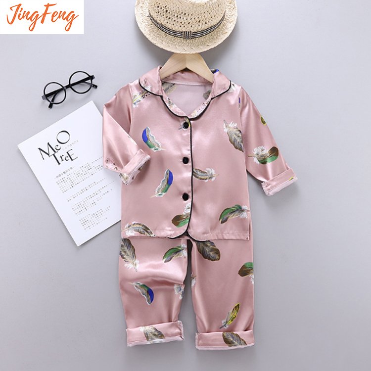 Fashion solid print long sleeve silk satin sleepwear children's boys girls cartoon kids pajamas wholesale
