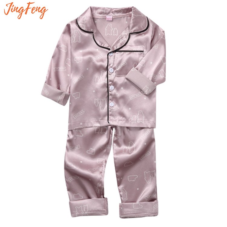 Fashion solid print long sleeve silk satin sleepwear children's boys girls cartoon kids pajamas wholesale