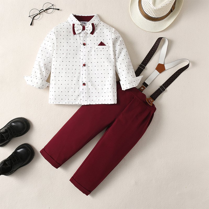 Hot Sale Handsome Boys Clothing Sets Vintage Suspenders Spring Autumn Long Sleeve Suits for Birthday Party Evening Performance
