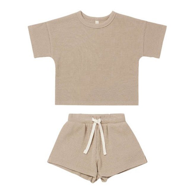 Summer Infant Nordic Style Short Sleeve Lace-up Shorts Waffle Stripe Outfits Baby Boys Girls Clothing Sets