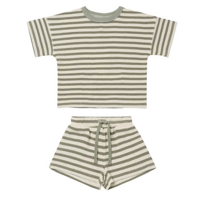 Summer Infant Nordic Style Short Sleeve Lace-up Shorts Waffle Stripe Outfits Baby Boys Girls Clothing Sets