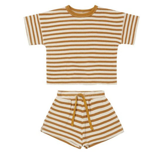 Summer Infant Nordic Style Short Sleeve Lace-up Shorts Waffle Stripe Outfits Baby Boys Girls Clothing Sets
