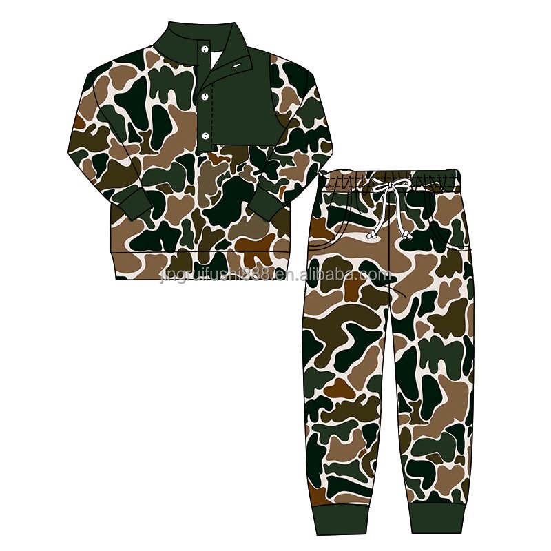 Custom OEM Kids Boys Girls French Terry Sports Wear Tracksuits Autumn Winter Two Pieces Outfits Camouflage Sibling Set