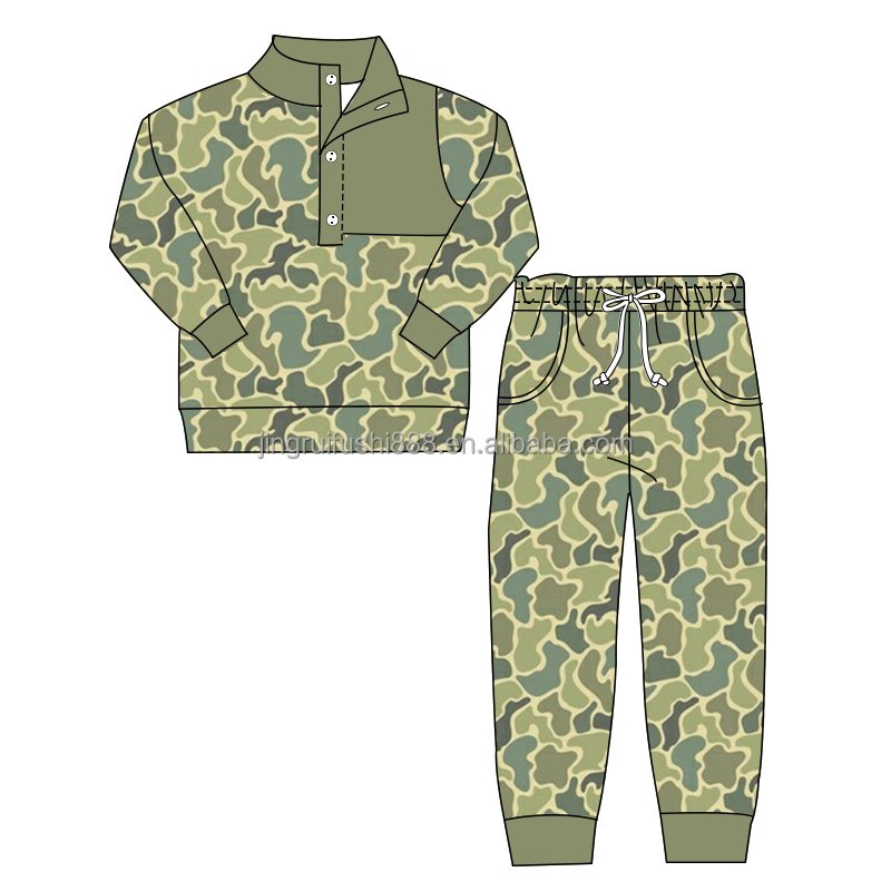 Custom OEM Kids Boys Girls French Terry Sports Wear Tracksuits Autumn Winter Two Pieces Outfits Camouflage Sibling Set