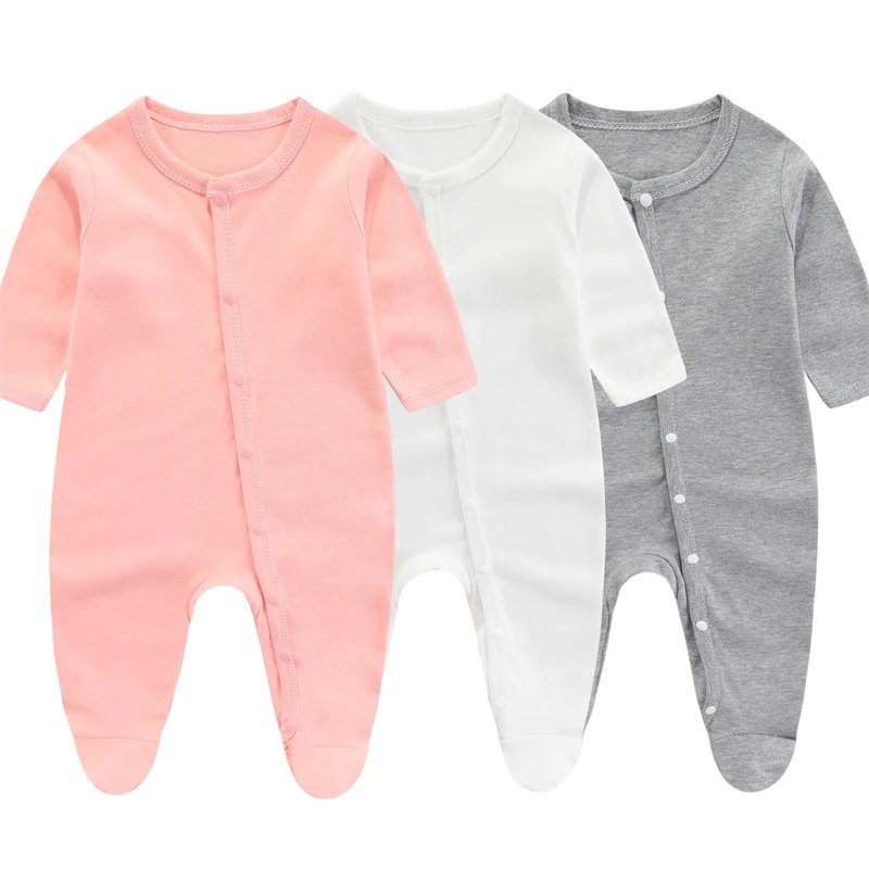Custom Onesie For Babies Printed Unisex Solid Baby Pajama Romper Button Long Sleeve 100% Organic Cotton Plain Baby Footed Onesie