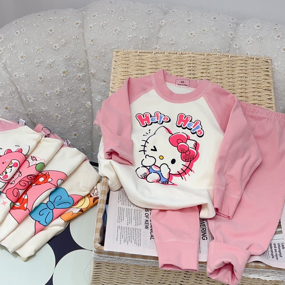 Children's clothes Girls Casual Pink Cotton Two-Piece Set Children's Long Sleeve Pants and Top with Cartoon Print for Home Wear