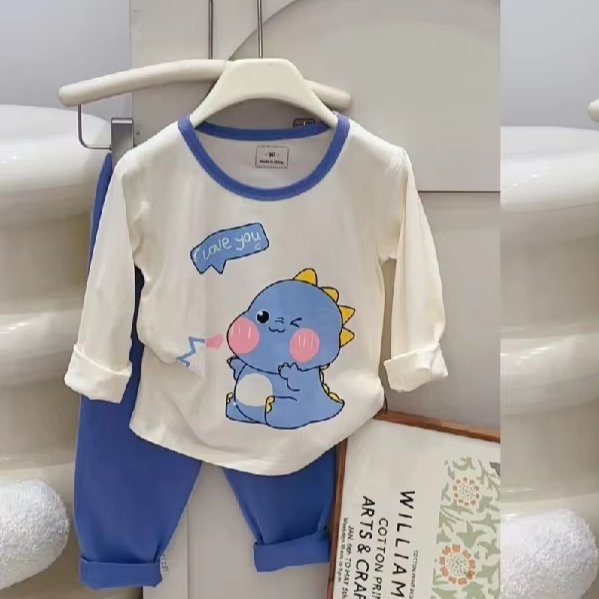 Wholesale Cartoon Animal Print Cotton Pajama Set for Boys and Girls Spring Casual Top Pants Baby Suit Homewear