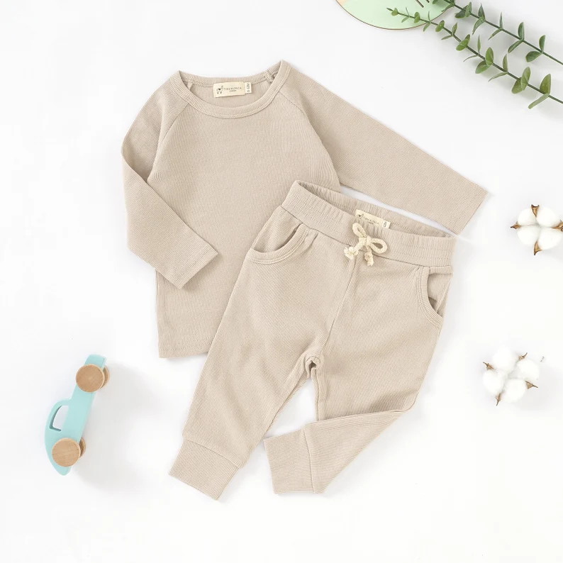 Organic Natural Cotton Outfit 0-2 Years Gender Neutral Ribbed pajamas Set Baby Shower Gift Autumn Collection kids clothing set