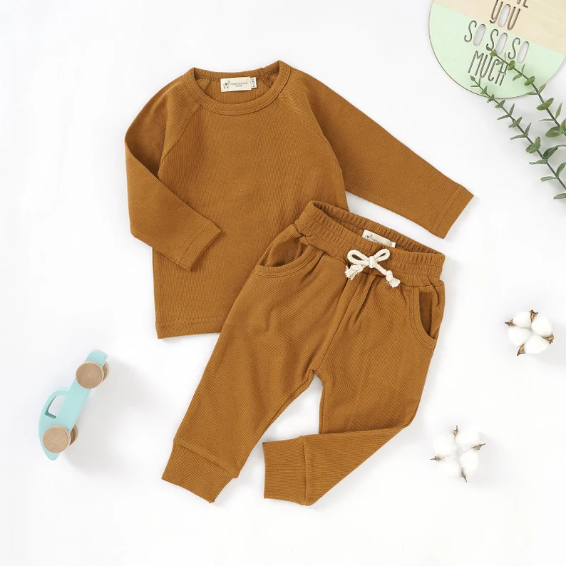 Organic Natural Cotton Outfit 0-2 Years Gender Neutral Ribbed pajamas Set Baby Shower Gift Autumn Collection kids clothing set