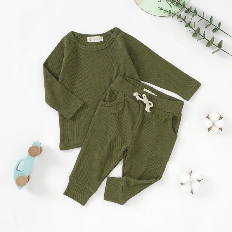 Organic Natural Cotton Outfit 0-2 Years Gender Neutral Ribbed pajamas Set Baby Shower Gift Autumn Collection kids clothing set