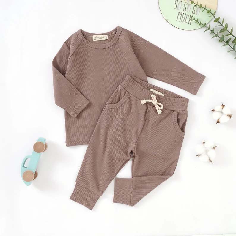 Organic Natural Cotton Outfit 0-2 Years Gender Neutral Ribbed pajamas Set Baby Shower Gift Autumn Collection kids clothing set