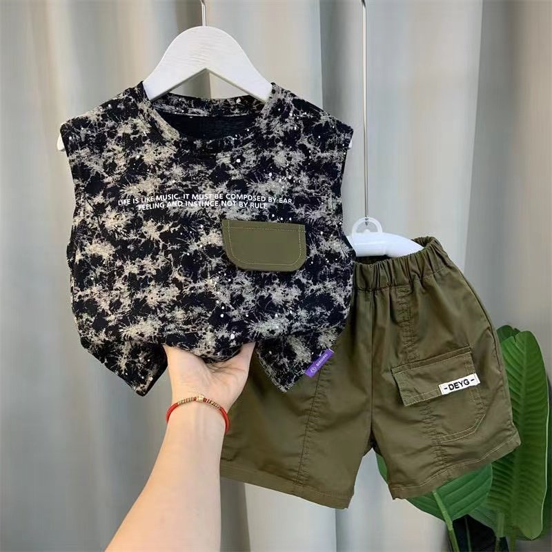 2024 Hot Selling Summer Kids Outfits Sleeveless Top+Shorts 2pcs Pattern Casual Baby Boy Clothing Set
