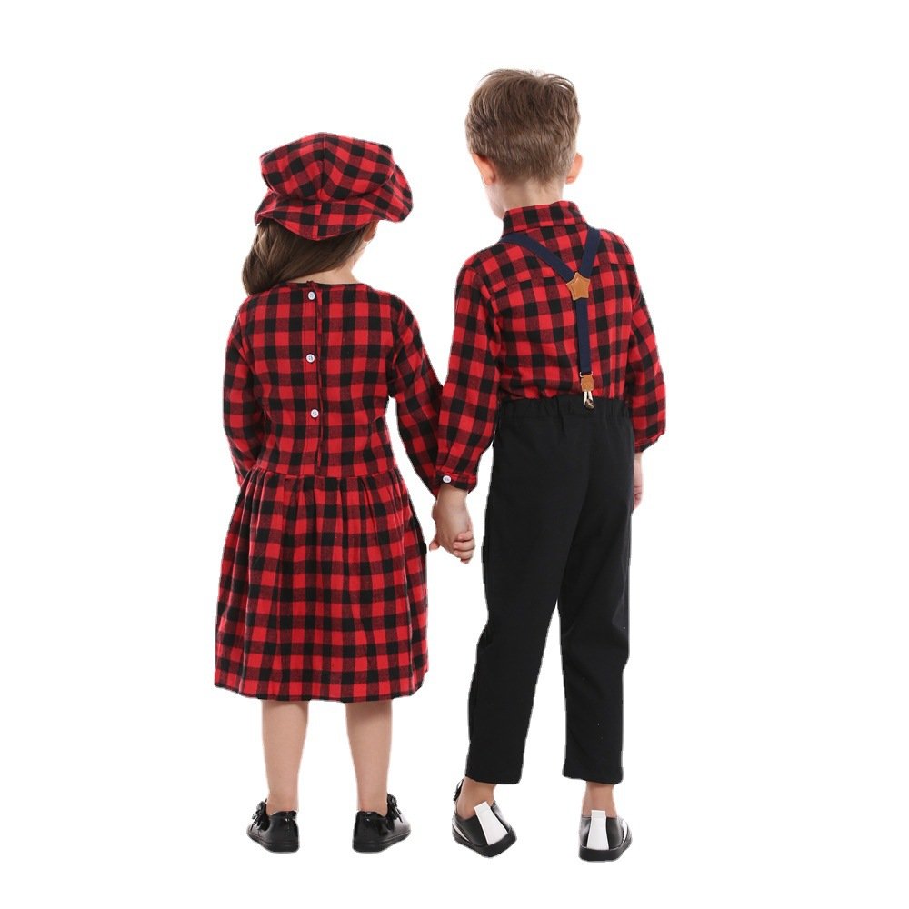 New sister and brother outfit boy plaid shirt long-sleeved bib two-piece girl dress + hat Christmas children's clothing