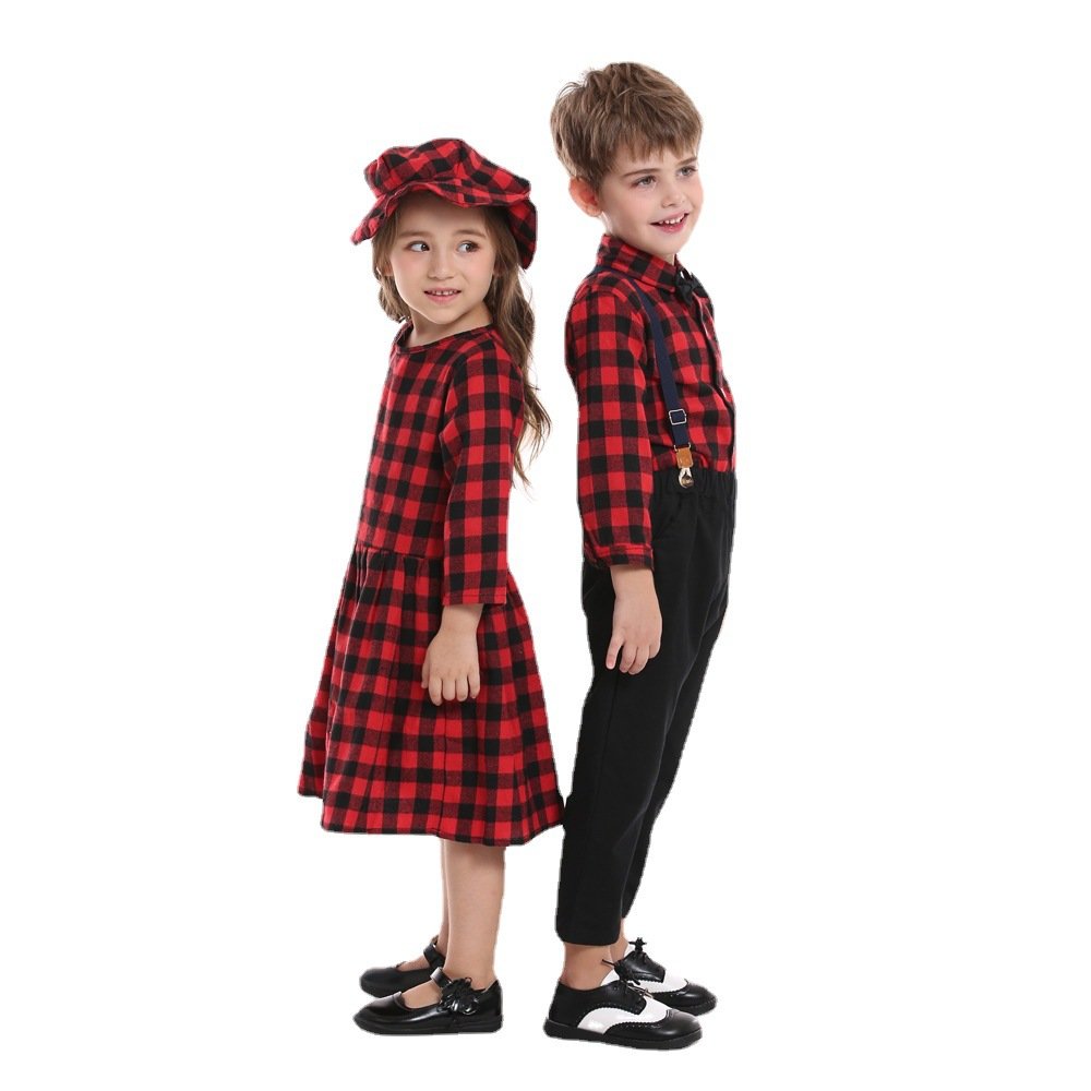 New sister and brother outfit boy plaid shirt long-sleeved bib two-piece girl dress + hat Christmas children's clothing