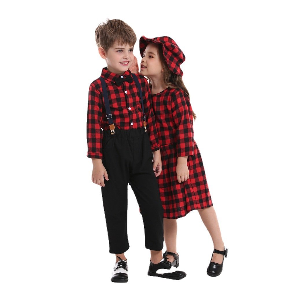 New sister and brother outfit boy plaid shirt long-sleeved bib two-piece girl dress + hat Christmas children's clothing