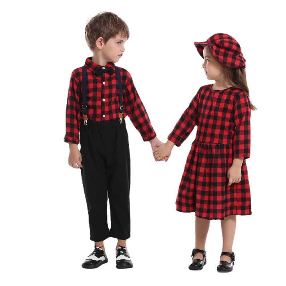 New sister and brother outfit boy plaid shirt long-sleeved bib two-piece girl dress + hat Christmas children's clothing