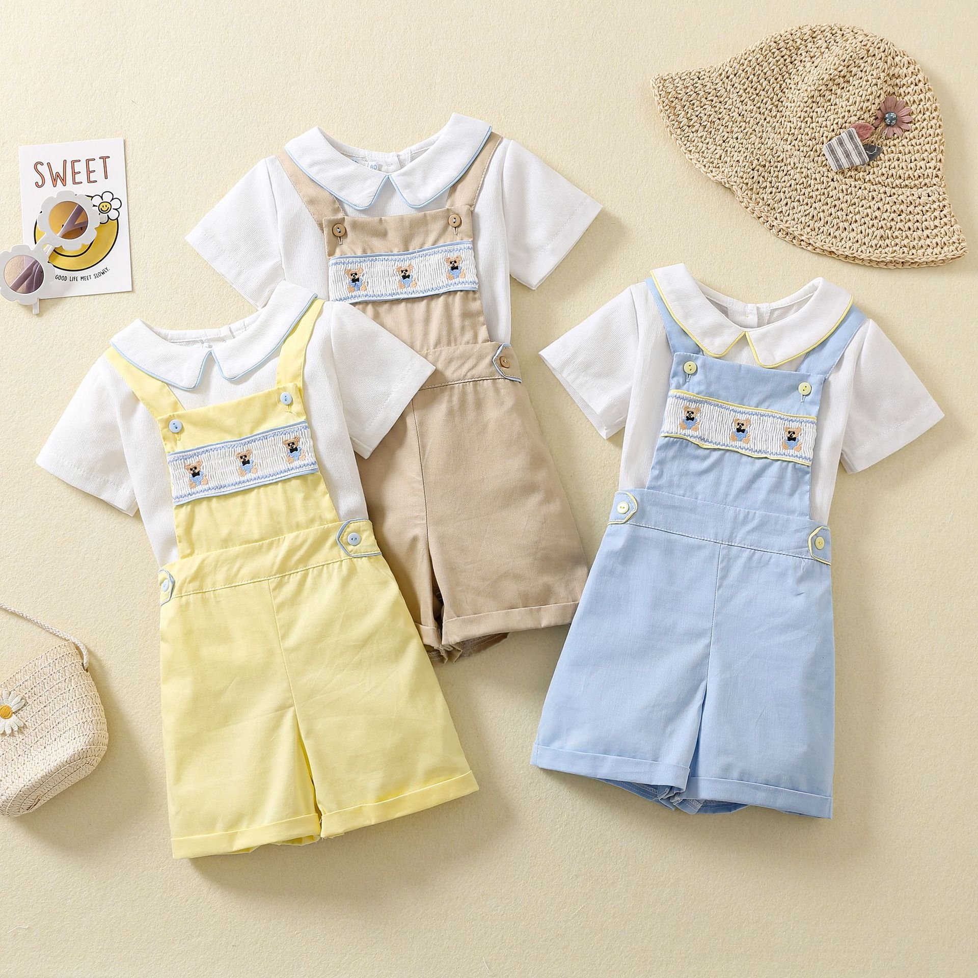 Boys' Suit Uk British Style Cotton Short-sleeved Shirt Smocked Embroidered Bear Bib Overalls 2pcs Baby Boys Clothing Set