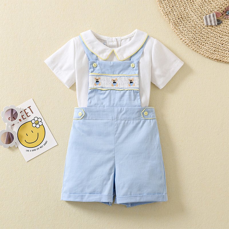 Boys' Suit Uk British Style Cotton Short-sleeved Shirt Smocked Embroidered Bear Bib Overalls 2pcs Baby Boys Clothing Set