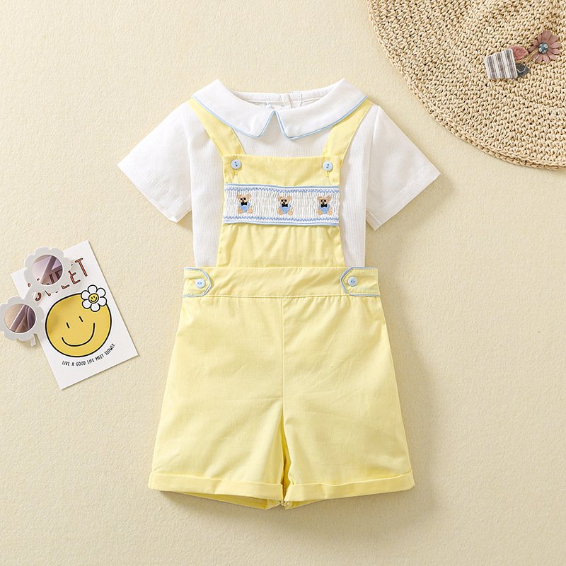 Boys' Suit Uk British Style Cotton Short-sleeved Shirt Smocked Embroidered Bear Bib Overalls 2pcs Baby Boys Clothing Set