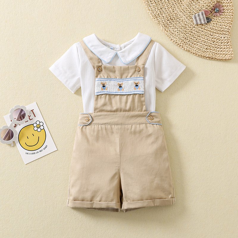 Boys' Suit Uk British Style Cotton Short-sleeved Shirt Smocked Embroidered Bear Bib Overalls 2pcs Baby Boys Clothing Set