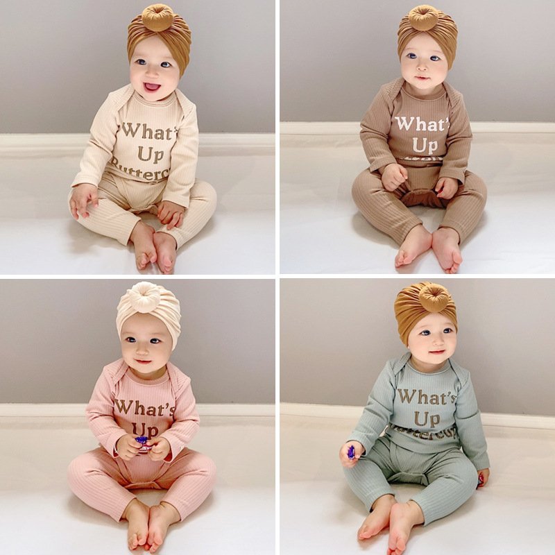 Hot Sale Korean Baby Clothing Set 2 Pieces Set Ribbed Newborn Baby Clothes With Letter Printing