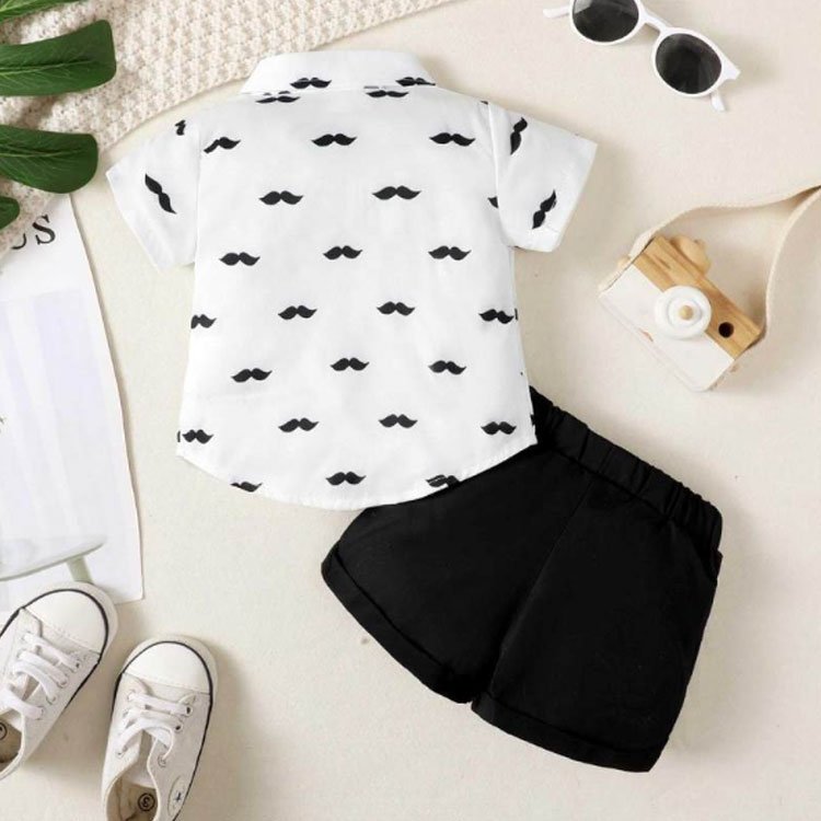 Customized bowtie decor custom logo turn down neck kids boys clothes for 3-6M two piece t shirt and short set