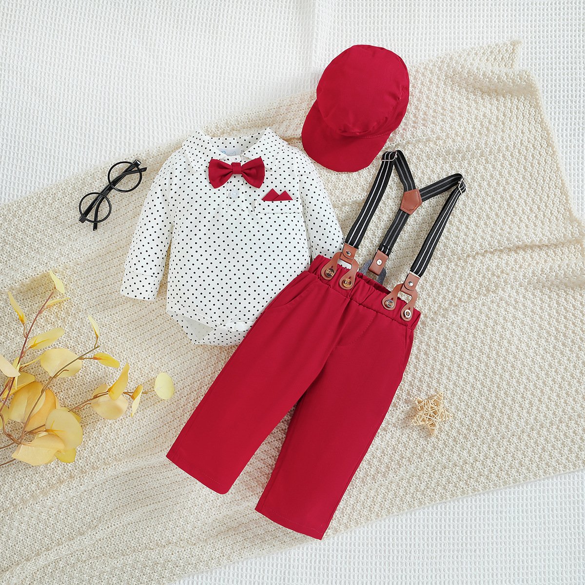 Baby Boy Clothe Long Sleeve Hat Toddler set GentlemanBowtie Romper Dots Formal Outfit Party Wear Birthday Suspenders cotton Suit