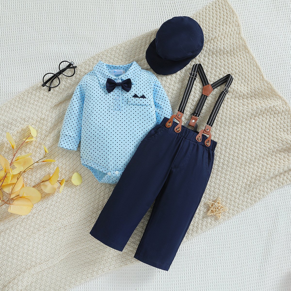 Baby Boy Clothe Long Sleeve Hat Toddler set GentlemanBowtie Romper Dots Formal Outfit Party Wear Birthday Suspenders cotton Suit