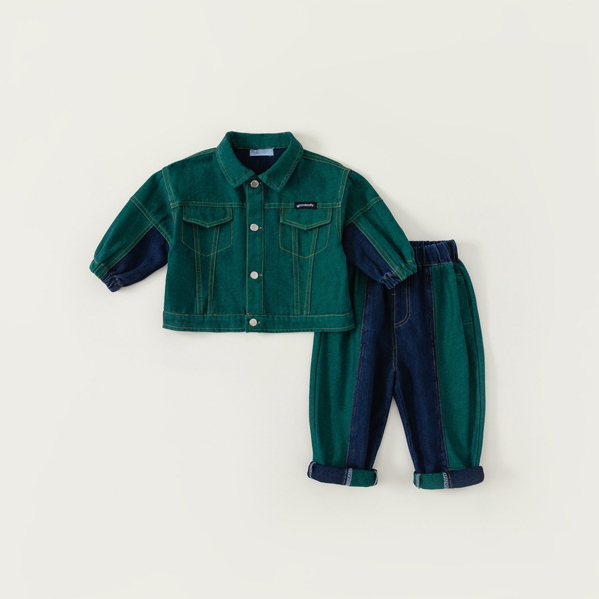 Custom fall latest style kids long-sleeved denim jacket + jeans set toddler baby boy patchwork design retro two piece denim set