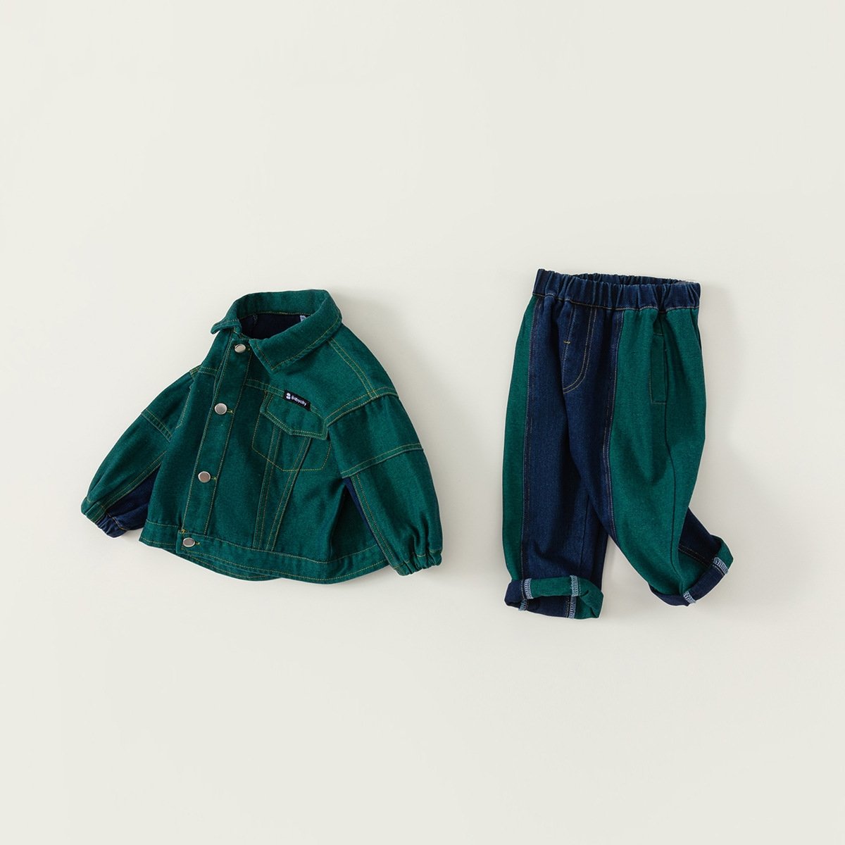 Custom fall latest style kids long-sleeved denim jacket + jeans set toddler baby boy patchwork design retro two piece denim set