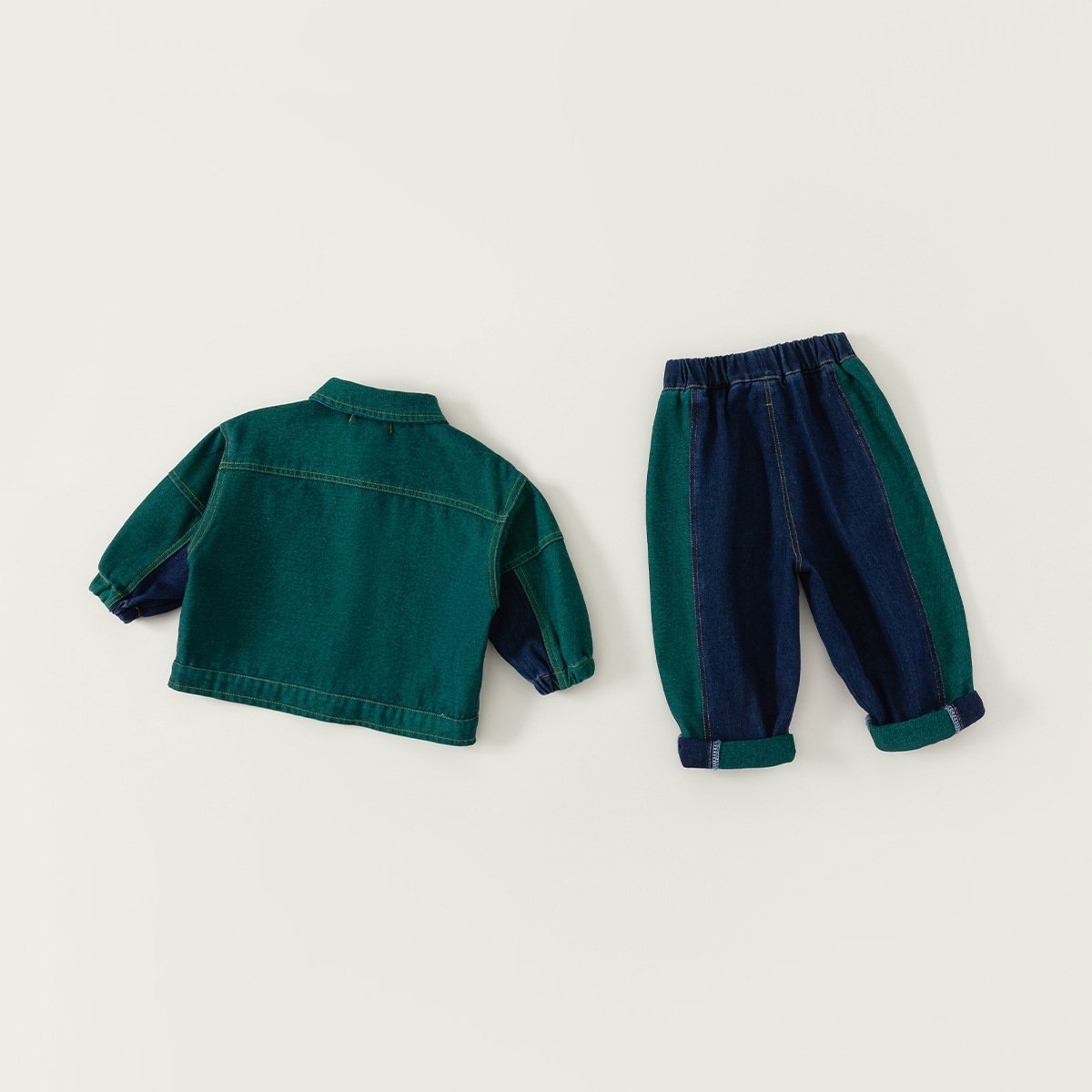 Custom fall latest style kids long-sleeved denim jacket + jeans set toddler baby boy patchwork design retro two piece denim set