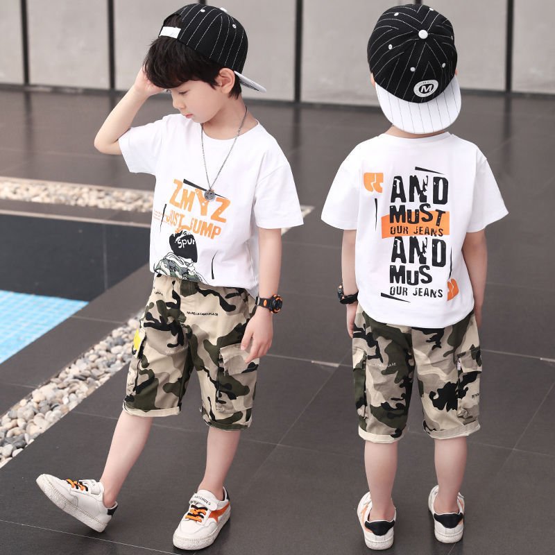 New arrival summer teen Boys Clothing Sets short sleeves cartoon printed T-shirt + camouflage shorts 2 Pieces outfits for kids