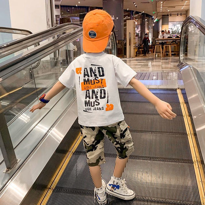 New arrival summer teen Boys Clothing Sets short sleeves cartoon printed T-shirt + camouflage shorts 2 Pieces outfits for kids