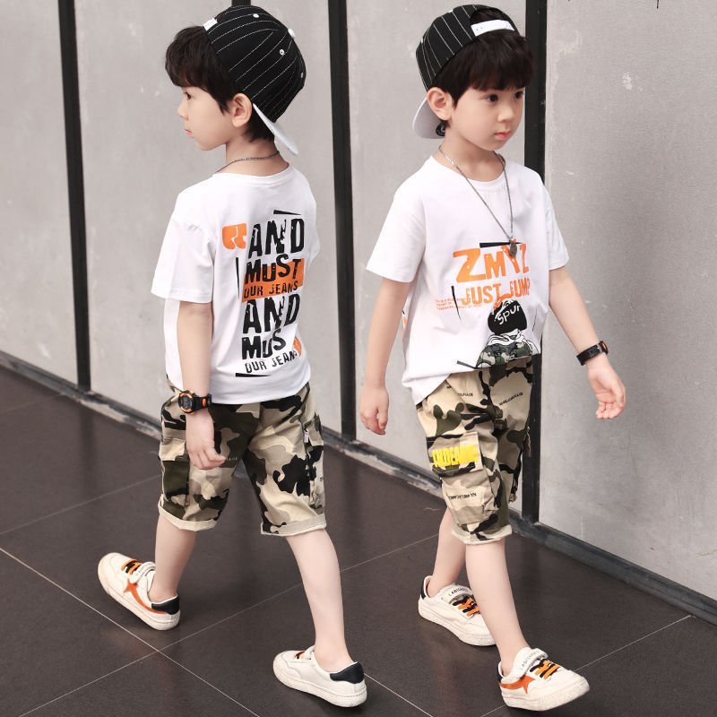New arrival summer teen Boys Clothing Sets short sleeves cartoon printed T-shirt + camouflage shorts 2 Pieces outfits for kids