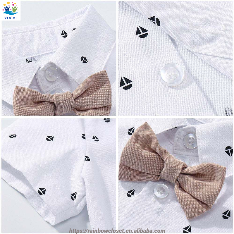 Short-Sleeved White Shirt Romper Set for Boys Gentleman Style Formal Clothing with Suspenders and Suit Toddler Clothes