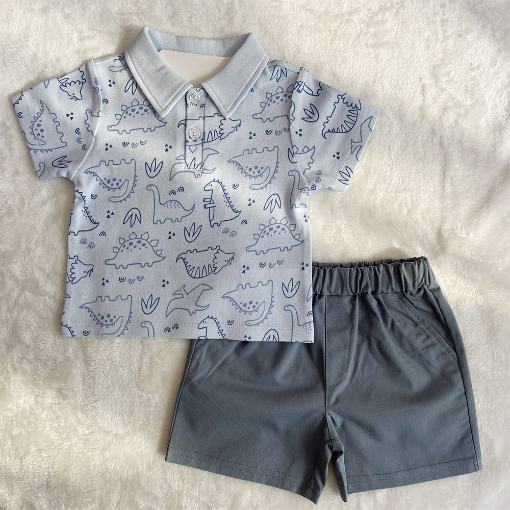 Custom Summer Baby Clothes Short Sleeves Turn-Down Collar Cotton Top Shorts Boys Toddler Clothing Set
